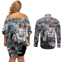 Malcolm X Couples Matching Off Shoulder Short Dress and Long Sleeve Button Shirt Quotes Dates and Black History Activist Theme - Wonder Print Shop