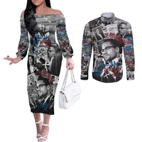 Malcolm X Couples Matching Off The Shoulder Long Sleeve Dress and Long Sleeve Button Shirt Quotes Dates and Black History Activist Theme - Wonder Print Shop