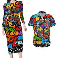 Hip Hop Graffiti Style Couples Matching Long Sleeve Bodycon Dress and Hawaiian Shirt Black Melanin Text and Urban Street Art Design - Wonder Print Shop