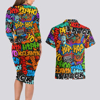Hip Hop Graffiti Style Couples Matching Long Sleeve Bodycon Dress and Hawaiian Shirt Black Melanin Text and Urban Street Art Design - Wonder Print Shop