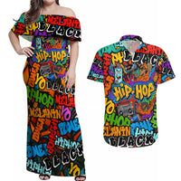 Hip Hop Graffiti Style Couples Matching Off Shoulder Maxi Dress and Hawaiian Shirt Black Melanin Text and Urban Street Art Design - Wonder Print Shop