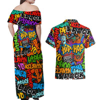 Hip Hop Graffiti Style Couples Matching Off Shoulder Maxi Dress and Hawaiian Shirt Black Melanin Text and Urban Street Art Design - Wonder Print Shop
