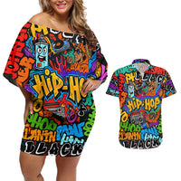 Hip Hop Graffiti Style Couples Matching Off Shoulder Short Dress and Hawaiian Shirt Black Melanin Text and Urban Street Art Design - Wonder Print Shop