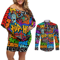 Hip Hop Graffiti Style Couples Matching Off Shoulder Short Dress and Long Sleeve Button Shirt Black Melanin Text and Urban Street Art Design - Wonder Print Shop