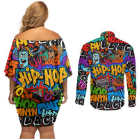Hip Hop Graffiti Style Couples Matching Off Shoulder Short Dress and Long Sleeve Button Shirt Black Melanin Text and Urban Street Art Design - Wonder Print Shop