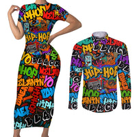 Hip Hop Graffiti Style Couples Matching Short Sleeve Bodycon Dress and Long Sleeve Button Shirt Black Melanin Text and Urban Street Art Design - Wonder Print Shop