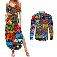 Hip Hop Graffiti Style Couples Matching Summer Maxi Dress and Long Sleeve Button Shirt Black Melanin Text and Urban Street Art Design - Wonder Print Shop