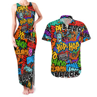 Hip Hop Graffiti Style Couples Matching Tank Maxi Dress and Hawaiian Shirt Black Melanin Text and Urban Street Art Design - Wonder Print Shop