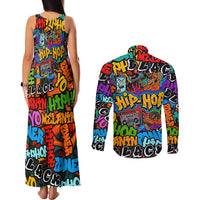 Hip Hop Graffiti Style Couples Matching Tank Maxi Dress and Long Sleeve Button Shirt Black Melanin Text and Urban Street Art Design - Wonder Print Shop