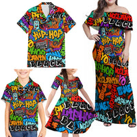 Hip Hop Graffiti Style Family Matching Off Shoulder Maxi Dress and Hawaiian Shirt Black Melanin Text and Urban Street Art Design - Wonder Print Shop