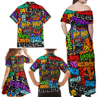 Hip Hop Graffiti Style Family Matching Off Shoulder Maxi Dress and Hawaiian Shirt Black Melanin Text and Urban Street Art Design - Wonder Print Shop