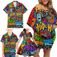 Hip Hop Graffiti Style Family Matching Off Shoulder Short Dress and Hawaiian Shirt Black Melanin Text and Urban Street Art Design - Wonder Print Shop