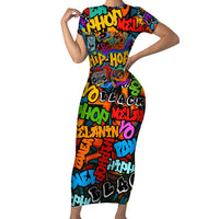 Hip Hop Graffiti Style Family Matching Short Sleeve Bodycon Dress and Hawaiian Shirt Black Melanin Text and Urban Street Art Design - Wonder Print Shop