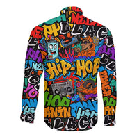 Hip Hop Graffiti Style Long Sleeve Button Shirt Black Melanin Text and Urban Street Art Design - Wonder Print Shop