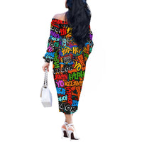 Hip Hop Graffiti Style Off The Shoulder Long Sleeve Dress Black Melanin Text and Urban Street Art Design - Wonder Print Shop