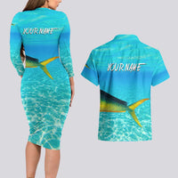 Mahi Mahi  Fishing Customize Name Couples Matching Long Sleeve Bodycon Dress and Hawaiian Shirt Underwater Blue Background in Tropical Ocean Scene - Wonder Print Shop