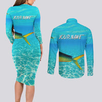 Mahi Mahi  Fishing Customize Name Couples Matching Long Sleeve Bodycon Dress and Long Sleeve Button Shirt Underwater Blue Background in Tropical Ocean Scene - Wonder Print Shop