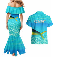 Mahi Mahi  Fishing Customize Name Couples Matching Mermaid Dress and Hawaiian Shirt Underwater Blue Background in Tropical Ocean Scene - Wonder Print Shop