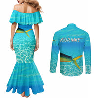 Mahi Mahi  Fishing Customize Name Couples Matching Mermaid Dress and Long Sleeve Button Shirt Underwater Blue Background in Tropical Ocean Scene - Wonder Print Shop