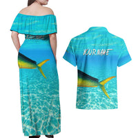 Mahi Mahi  Fishing Customize Name Couples Matching Off Shoulder Maxi Dress and Hawaiian Shirt Underwater Blue Background in Tropical Ocean Scene - Wonder Print Shop