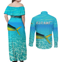 Mahi Mahi  Fishing Customize Name Couples Matching Off Shoulder Maxi Dress and Long Sleeve Button Shirt Underwater Blue Background in Tropical Ocean Scene - Wonder Print Shop