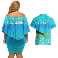 Mahi Mahi  Fishing Customize Name Couples Matching Off Shoulder Short Dress and Hawaiian Shirt Underwater Blue Background in Tropical Ocean Scene - Wonder Print Shop