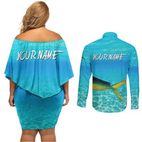 Mahi Mahi  Fishing Customize Name Couples Matching Off Shoulder Short Dress and Long Sleeve Button Shirt Underwater Blue Background in Tropical Ocean Scene - Wonder Print Shop