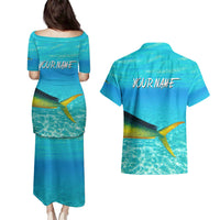 Mahi Mahi  Fishing Customize Name Couples Matching Puletasi and Hawaiian Shirt Underwater Blue Background in Tropical Ocean Scene - Wonder Print Shop