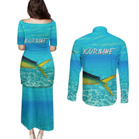 Mahi Mahi  Fishing Customize Name Couples Matching Puletasi and Long Sleeve Button Shirt Underwater Blue Background in Tropical Ocean Scene - Wonder Print Shop