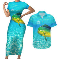 Mahi Mahi  Fishing Customize Name Couples Matching Short Sleeve Bodycon Dress and Hawaiian Shirt Underwater Blue Background in Tropical Ocean Scene - Wonder Print Shop