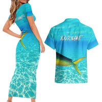 Mahi Mahi  Fishing Customize Name Couples Matching Short Sleeve Bodycon Dress and Hawaiian Shirt Underwater Blue Background in Tropical Ocean Scene - Wonder Print Shop