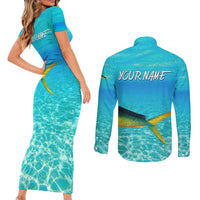 Mahi Mahi  Fishing Customize Name Couples Matching Short Sleeve Bodycon Dress and Long Sleeve Button Shirt Underwater Blue Background in Tropical Ocean Scene - Wonder Print Shop