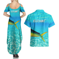 Mahi Mahi  Fishing Customize Name Couples Matching Summer Maxi Dress and Hawaiian Shirt Underwater Blue Background in Tropical Ocean Scene - Wonder Print Shop