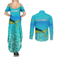 Mahi Mahi  Fishing Customize Name Couples Matching Summer Maxi Dress and Long Sleeve Button Shirt Underwater Blue Background in Tropical Ocean Scene - Wonder Print Shop