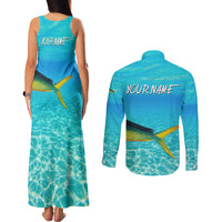 Mahi Mahi  Fishing Customize Name Couples Matching Tank Maxi Dress and Long Sleeve Button Shirt Underwater Blue Background in Tropical Ocean Scene - Wonder Print Shop