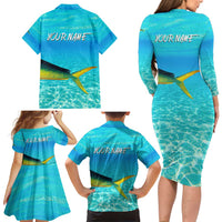 Mahi Mahi  Fishing Customize Name Family Matching Long Sleeve Bodycon Dress and Hawaiian Shirt Underwater Blue Background in Tropical Ocean Scene - Wonder Print Shop