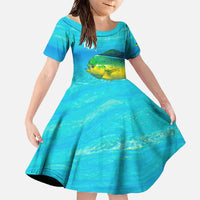 Mahi Mahi  Fishing Customize Name Family Matching Off The Shoulder Long Sleeve Dress and Hawaiian Shirt Underwater Blue Background in Tropical Ocean Scene - Wonder Print Shop