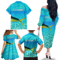 Mahi Mahi  Fishing Customize Name Family Matching Off The Shoulder Long Sleeve Dress and Hawaiian Shirt Underwater Blue Background in Tropical Ocean Scene - Wonder Print Shop