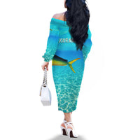 Mahi Mahi  Fishing Customize Name Family Matching Off The Shoulder Long Sleeve Dress and Hawaiian Shirt Underwater Blue Background in Tropical Ocean Scene - Wonder Print Shop