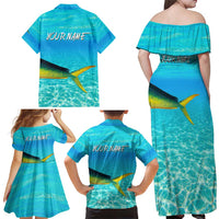 Mahi Mahi  Fishing Customize Name Family Matching Off Shoulder Maxi Dress and Hawaiian Shirt Underwater Blue Background in Tropical Ocean Scene - Wonder Print Shop