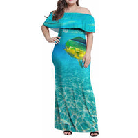Mahi Mahi  Fishing Customize Name Family Matching Off Shoulder Maxi Dress and Hawaiian Shirt Underwater Blue Background in Tropical Ocean Scene - Wonder Print Shop