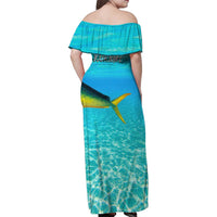 Mahi Mahi  Fishing Customize Name Family Matching Off Shoulder Maxi Dress and Hawaiian Shirt Underwater Blue Background in Tropical Ocean Scene - Wonder Print Shop