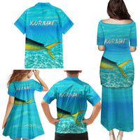 Mahi Mahi  Fishing Customize Name Family Matching Puletasi and Hawaiian Shirt Underwater Blue Background in Tropical Ocean Scene - Wonder Print Shop