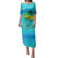 Mahi Mahi  Fishing Customize Name Family Matching Puletasi and Hawaiian Shirt Underwater Blue Background in Tropical Ocean Scene - Wonder Print Shop