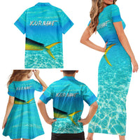 Mahi Mahi  Fishing Customize Name Family Matching Short Sleeve Bodycon Dress and Hawaiian Shirt Underwater Blue Background in Tropical Ocean Scene - Wonder Print Shop