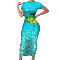 Mahi Mahi  Fishing Customize Name Family Matching Short Sleeve Bodycon Dress and Hawaiian Shirt Underwater Blue Background in Tropical Ocean Scene - Wonder Print Shop