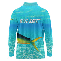 Mahi Mahi  Fishing Customize Name Long Sleeve Polo Shirt Underwater Blue Background in Tropical Ocean Scene - Wonder Print Shop