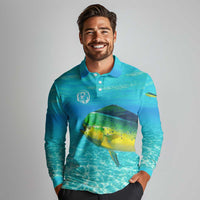 Mahi Mahi  Fishing Customize Name Long Sleeve Polo Shirt Underwater Blue Background in Tropical Ocean Scene - Wonder Print Shop