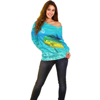 Mahi Mahi  Fishing Customize Name Off Shoulder Sweater Underwater Blue Background in Tropical Ocean Scene - Wonder Print Shop