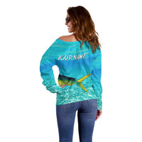 Mahi Mahi  Fishing Customize Name Off Shoulder Sweater Underwater Blue Background in Tropical Ocean Scene - Wonder Print Shop